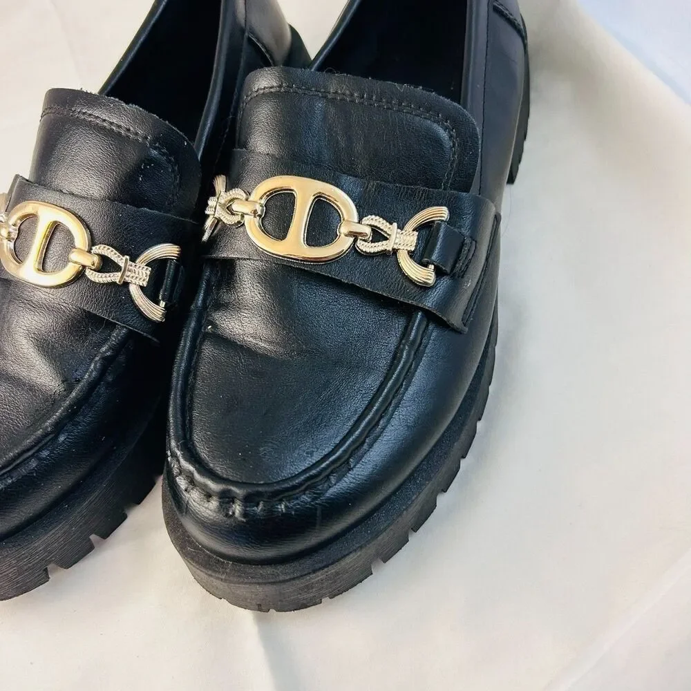 #8370 ROUGE HELIUM WOMEN'S BLACK LUG SOLE LOAFERS SIZE 9 CHUNKY SOLE MARY JANES